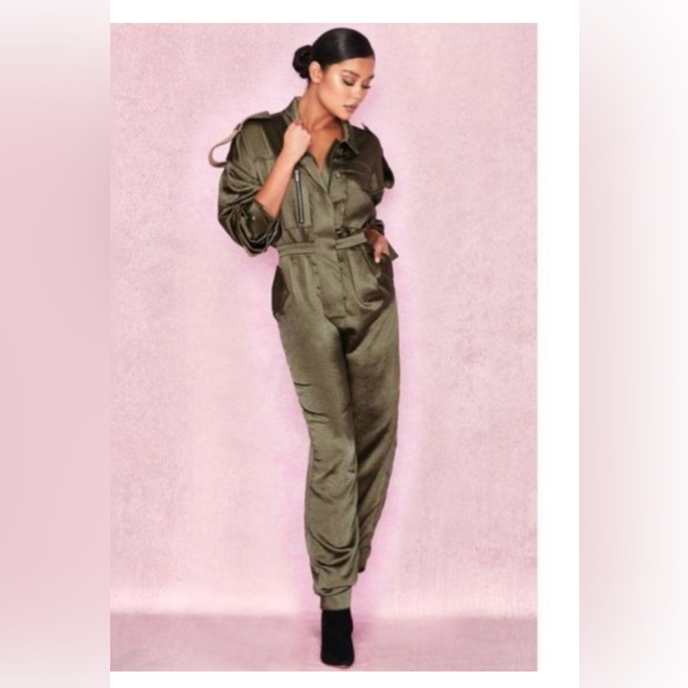 House Of CB, 'Antonella' Khaki Satin Jumpsuit, Size L